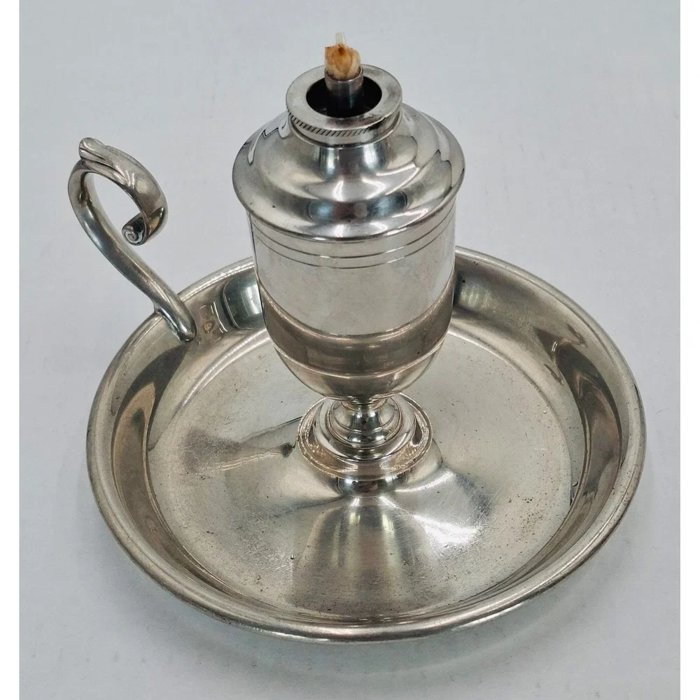 Vintage Shirley Pewter Chamber Oil Lamp Glass Chimney Colonial Finger Handle 9